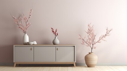 Creative composition of stylish living room interior with copy space, grey sofa, beige commode, clay vases and stylish personal accessories. Pastel neutral colours. Template