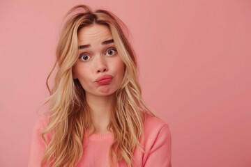 Fototapeta premium Young blonde woman with a stunned, unhappy and upset expression after learning about credit debt on a pink background with copy space 