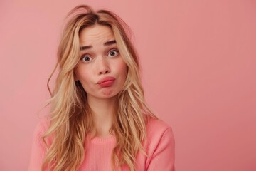 Young blonde woman with a stunned, unhappy and upset expression after learning about credit debt on a pink background with copy space 