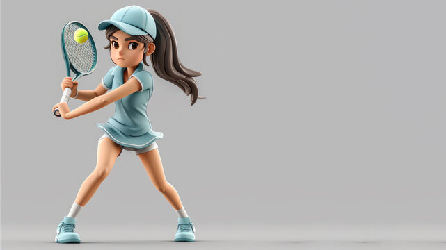 A cartoon tennis player in blue jersey isolated on gray background