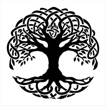 Tree of life, Yggdrasil, circle, Norse mythology, Celtic symbol, black, vector, generative ai, isolated on a white background