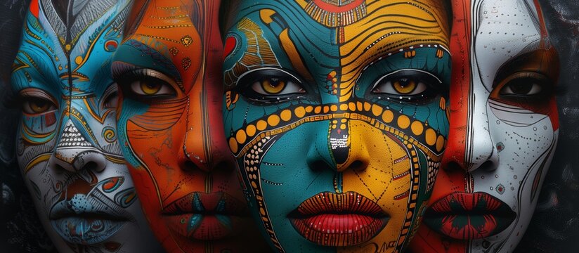Illustration of three women with their faces painted with ancient tribal style inspiration.