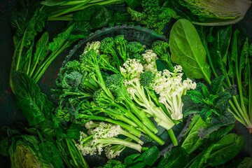 Assortment of fresh green vegetables and herbs. The concept of healthy, proper nutrition, diet,...