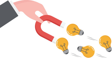 Imagination to create new ideas, creativity or innovation for new business concept, businessman hand holding magnet to magnetize or draw lightbulb lamp ideas.

