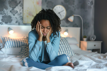 Young woman sitting on bed with head in hands, looking distressed and overwhelmed by financial problems. Credit debt concept.