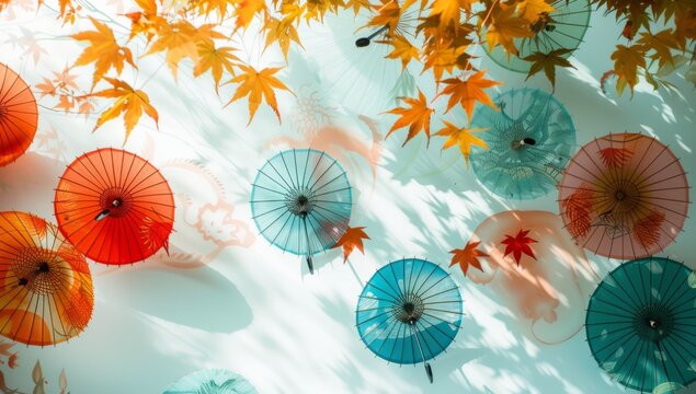 a white wall with colorful umbrellas and leaves painted on it Generative AI