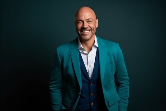 Portrait of a happy bald man in a green suit on a dark background