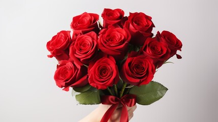 Obraz premium Female hands with bouquet of beautiful red roses on white background. Valentine's day celebration