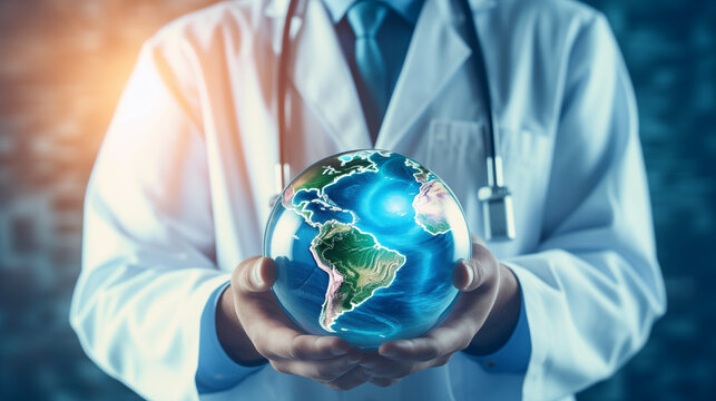 Medical Doctor carefully holds the world globe in his hands,  Symbolizing global business and environmental care, Save the environment world. World Health Day Concept