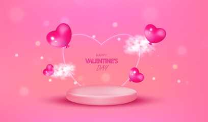 Valentine day background with pink and red realistic cylinder pedestal podium. Neon light heart shape with balloons and clouds. Scene product display. Stage love showcase.