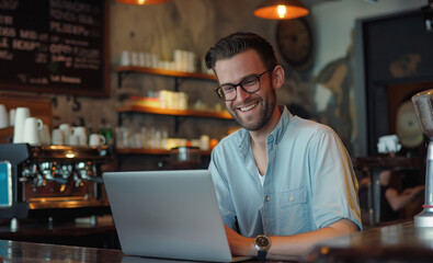 Fototapeta na wymiar Happy Man Using Laptop Cafe