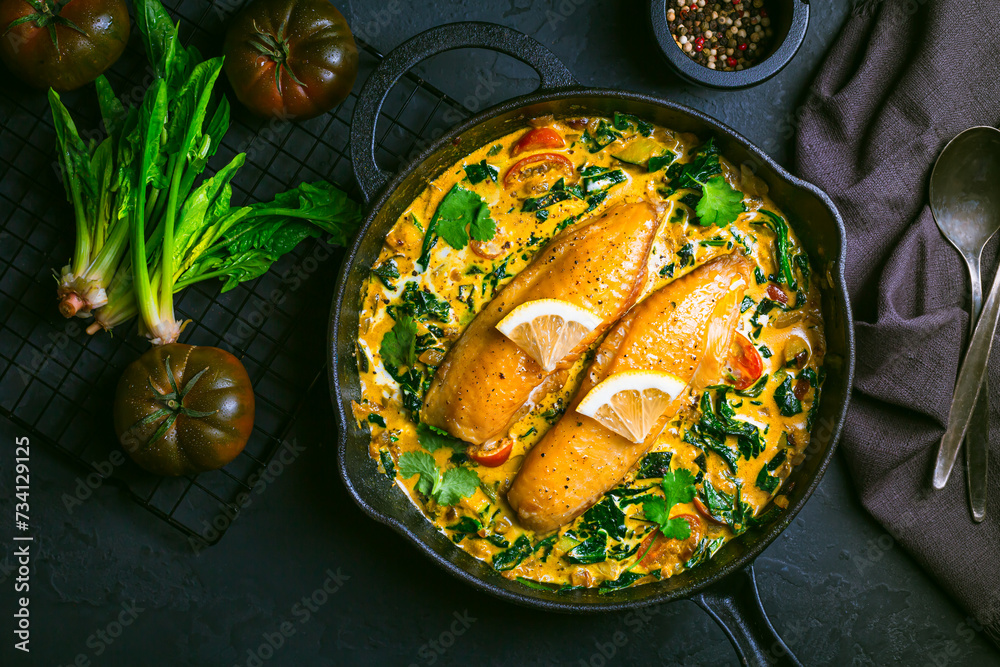 Wall mural red curry with spinach, coconut milk and baked fish