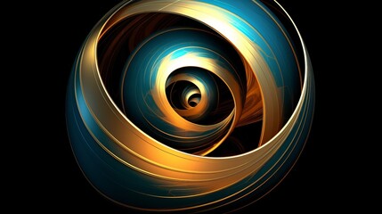 Fractal digital 3D design.Abstract fractal shape of spiral blue gold brown vortex swirling around the levitating golden sphere