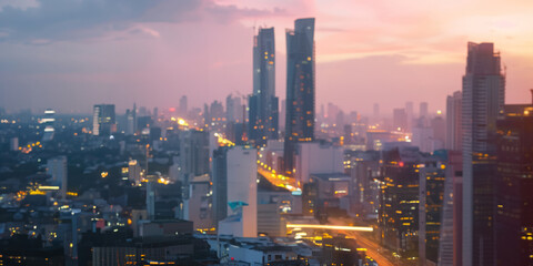 Fototapeta premium A blurred image of a city skyline during twilight, showcasing skyscrapers bathed in the warm glow of sunset with lights starting to illuminate.