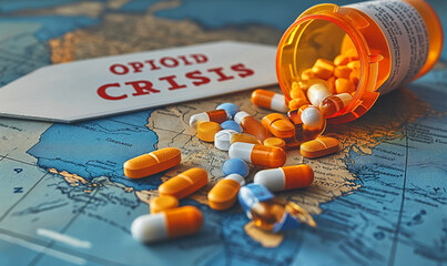 Opioid Crisis Depicted with Spilled Prescription Pills on United States Map, Highlighting the Epidemic of Drug Addiction - obrazy, fototapety, plakaty