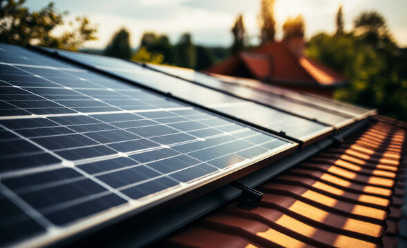 Close-up of modern solar panels on a house roof reflecting the sky, showcasing renewable energy sources in residential areas for sustainable living