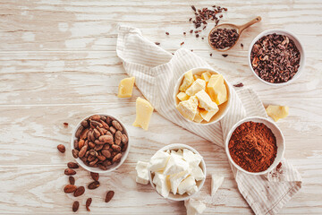 Cocoa beans, chocolate, cocoa butter, nibs and cocoa powder, baking ingredients