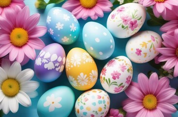 Fototapeta na wymiar Easter, lots of colorful painted eggs, delicate pastel shades, patterns and ornaments, spring flowers, top view, blue background