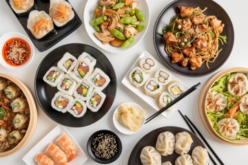 An overhead shot of an Asian cuisine spread, featuring sushi rolls, dumplings, stir-fry dishes, and chopsticks, set on a minimalist table for a modern dining experience