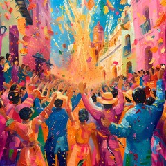 Vibrant Festival Celebration with Confetti Explosion on a Colorful Street