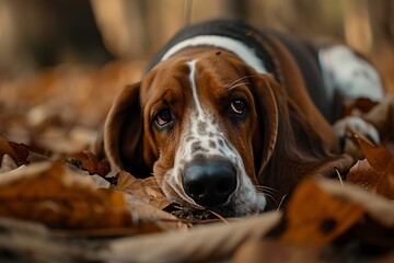 Basset Hound dog laying in the grass, in the style of portraits with soft lighting.