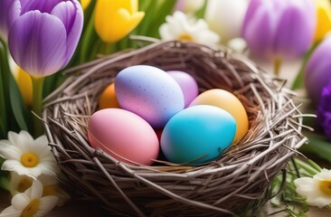 Fototapeta na wymiar Colorful Easter eggs in a nest on a background of spring flowers