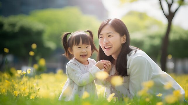 Happy mother and daughter enjoying on grass at park