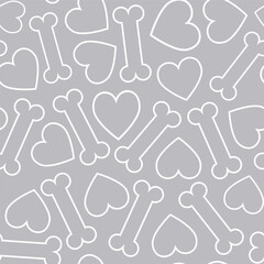 Seamless pattern of linear hearts and dog bones on a gray background