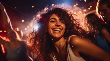 Happy woman, dance and party in nightclub with friends, social event and new year concert. Dancing group, women and disco celebration with music, night life and crowd for energy, smile and happiness