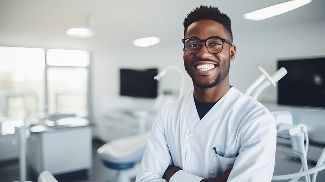 Highly qualified young black dentist posing at clinic over modern cabinet, empty space
