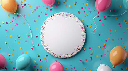 birthday background with confetti, balloons, confetti on blue background.
