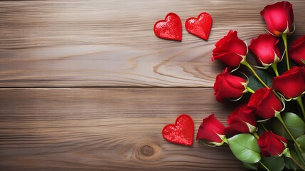 Hearts and a bouquet of red roses on wooden board, Valentines Day background