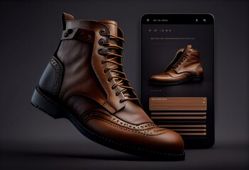 Male leather shoes online store, mobile phone app, website. Generative AI illustration