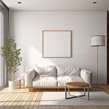 Frame mockup, Living room wall poster mockup. Interior mockup with house background. Modern interior design. 3D render, ISO A paper size © ArtBYHamza