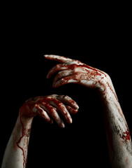 Scary hands of undead with dripping blood over black background - obrazy, fototapety, plakaty