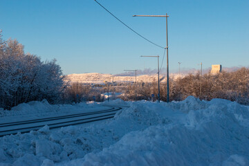 Idyllic panoramic view of a beautiful white winter wonderland scenery in Scandinavia, Swedish Lapland.