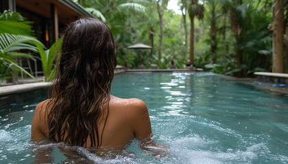 Woman submerged in a pool with a neatly tied bun, back facing the camera, amidst lush greenery.