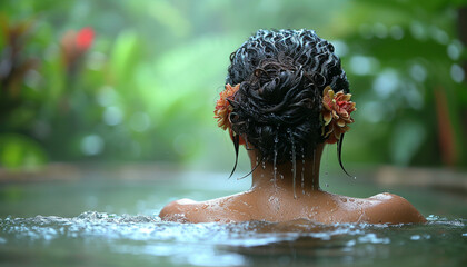 Woman submerged in a pool with a neatly tied bun, back facing the camera, amidst lush greenery.
