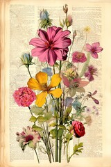Wildflower print, vintage book page,