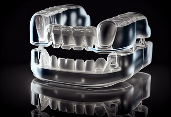 Transparent aligner orthodontic device above teeth cast. 3d illustration of a plastic form used to adjust teeth. Generative AI