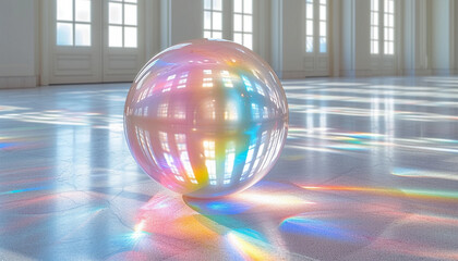 Reflective sphere casting vibrant rainbow hues on the floor of a sunlit classical room.