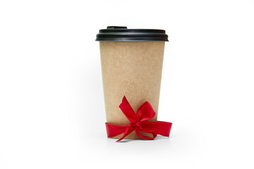 Disposable coffee cup, paper cup with a plastic lid, with a red ribbon on a transparent background with a shadow.