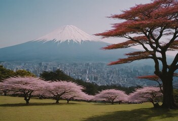 Traditional Japanese temple and snow-capped Mount Fuji with cherry blossom trees in spring, Japan