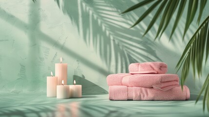fluffy pink towels neatly folded and stacked on top of each other next to three lit candles and palm leaves