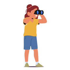 Little Girl Peering Through Binoculars, Discovering A World Magnified. Imagination Soaring, Cartoon Child Explorer