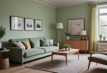 The living room has soft green walls, a comfy green sofa, and modern Scandinavian furniture