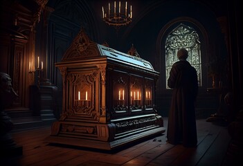 A casket sitting in a dimly lit room with a light coming through the window and a person standing in the doorway unreal 5 highly rendered a raytraced image gothic art. Generative AI
