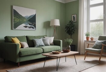 The living room has soft green walls, a comfy green sofa, and modern Scandinavian furniture