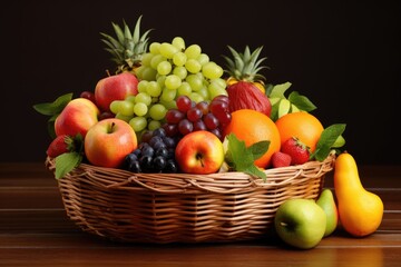 Naklejka na ściany i meble Fresh and healthy fruits in straw baskets, Fresh healthy fruits on the straw basket on a Dark background, Ai generated