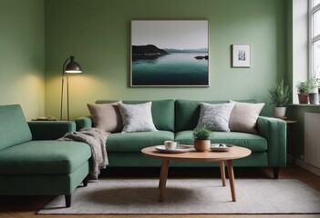 Fototapeta na wymiar The living room has soft green walls, a comfy green sofa, and modern Scandinavian furniture